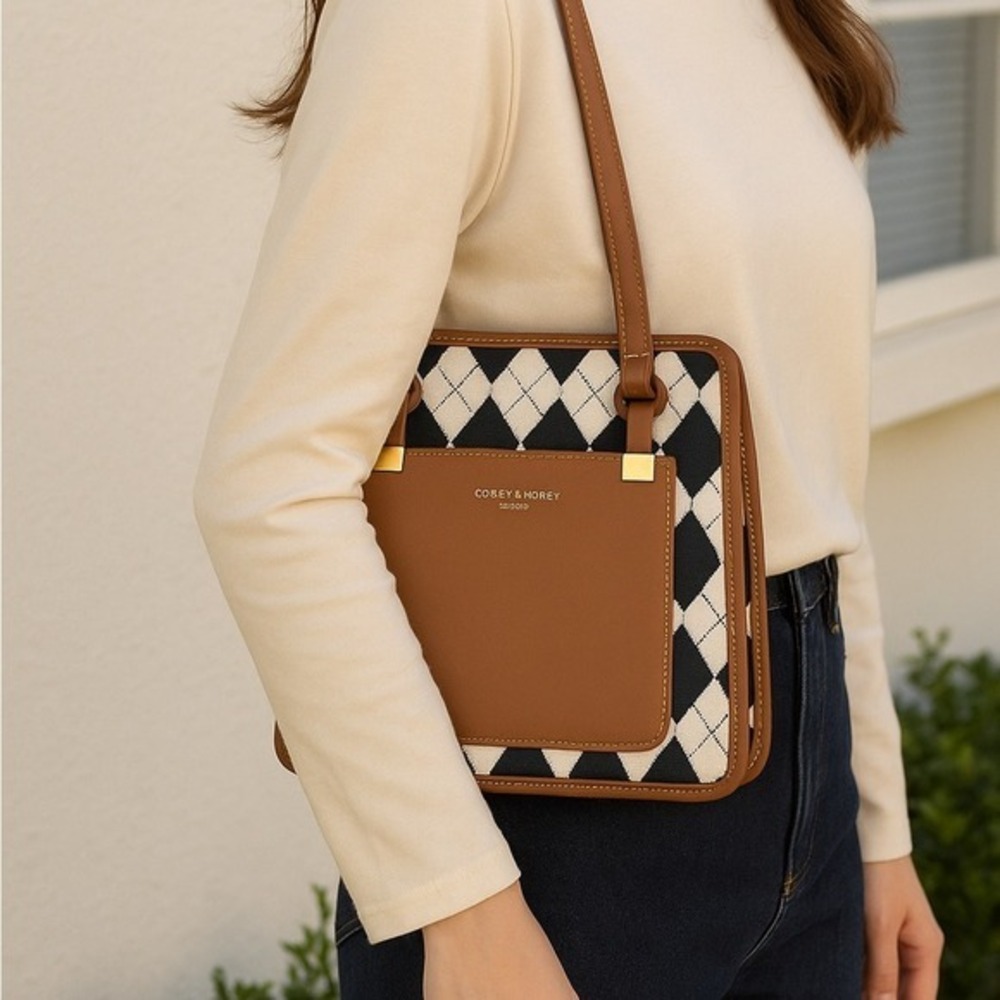 classic Argyle Shoulder Bag Brown PU Leather shoulder bag – Preppy Retro Style